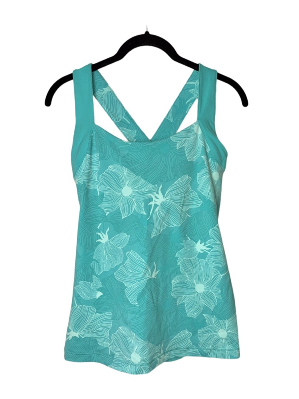 Lucy Powermax teal floral athletic tank top built-in bra woman's Med. green/blue